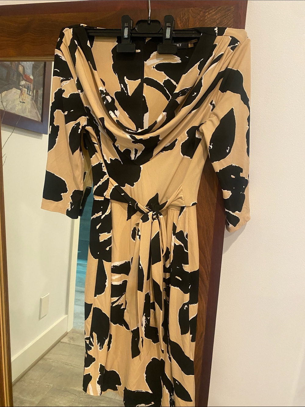Ellen Tracy Beige and Black Abstract Print Midi Dress